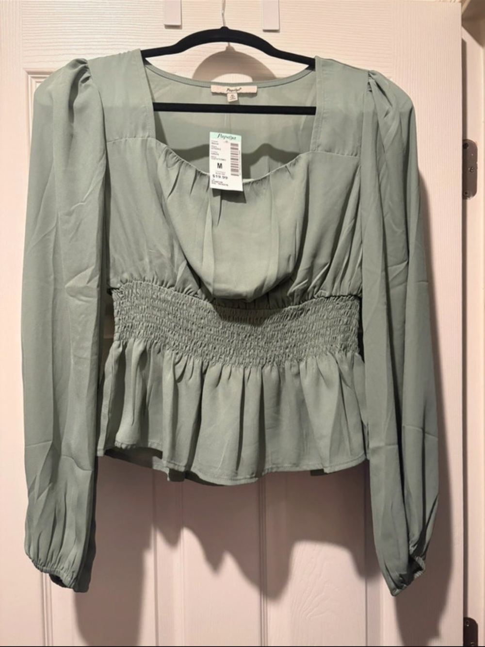 NWT Papaya Sage Green Smocked Peplum Long Sleeve Blouse - M